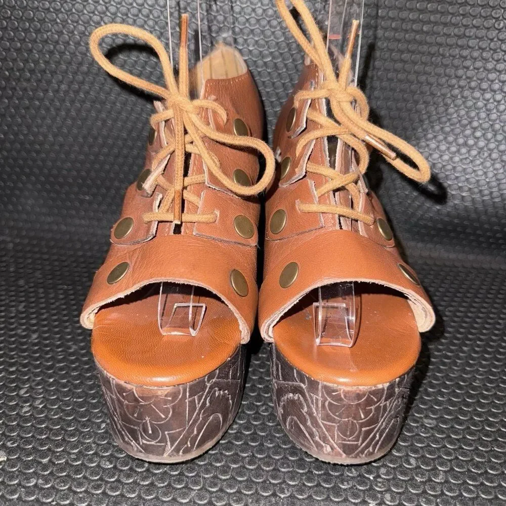 Free People Farrah Brown Leather Platform Clog Sandals Womens Size 37 (6.5)